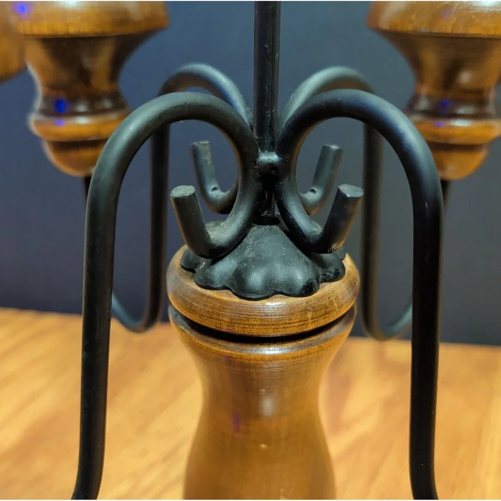 Vintage Wood & Black Metal 5 Light Candelabra Farmhouse Taper Candle Holder 15